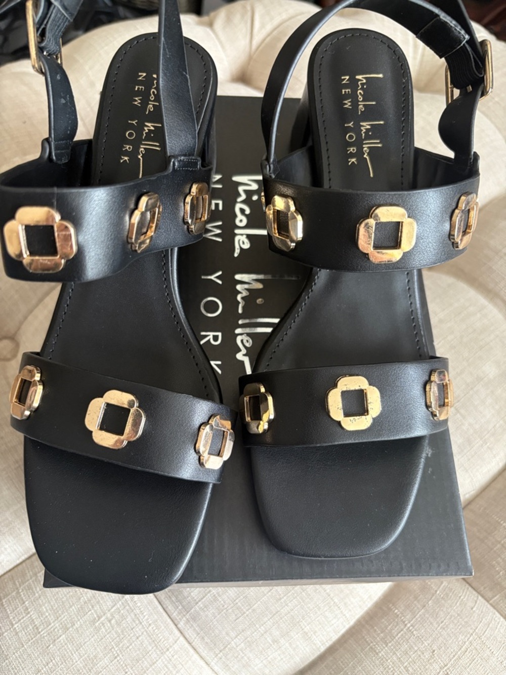 Nicole Miller Black Leather Sandal Heels with Gold Hardware